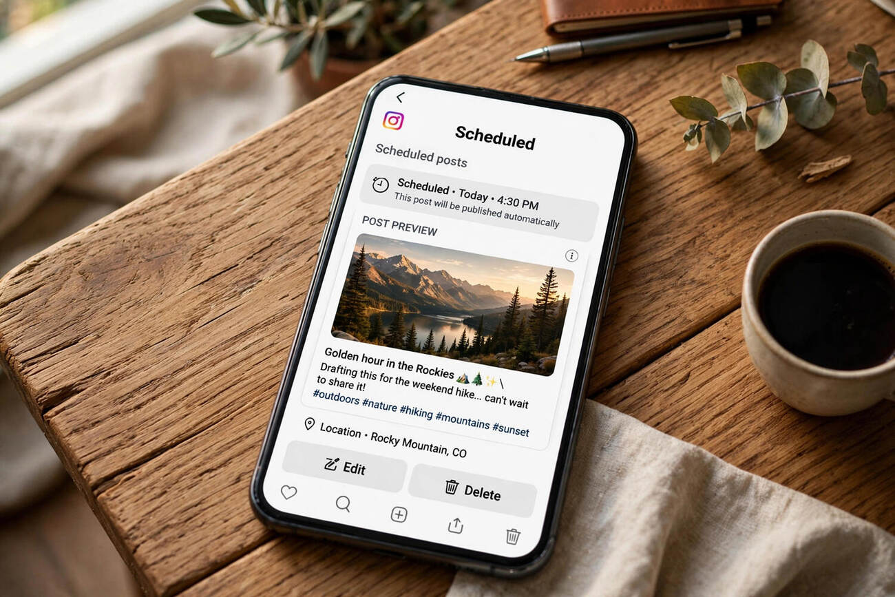 Instagram app interface with scheduled content preview