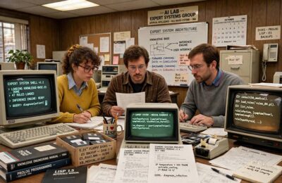 1980s office with programmers building expert systems before the second AI winter