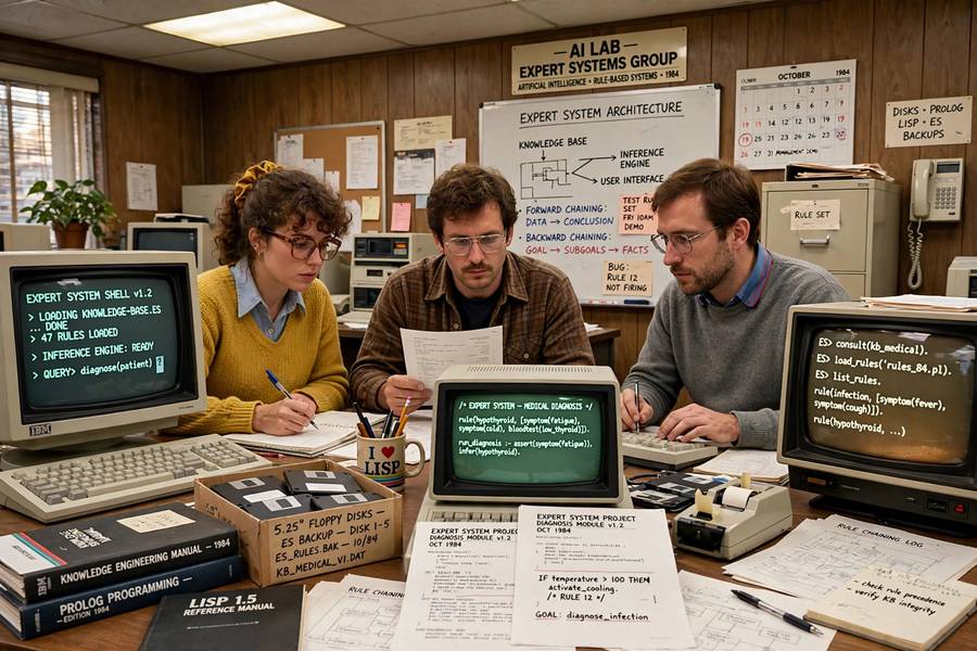 1980s office with programmers building expert systems before the second AI winter