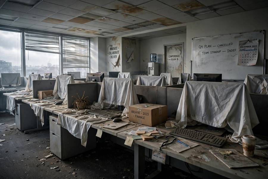 Abandoned office symbolizing collapsed AI companies during the second AI winter
