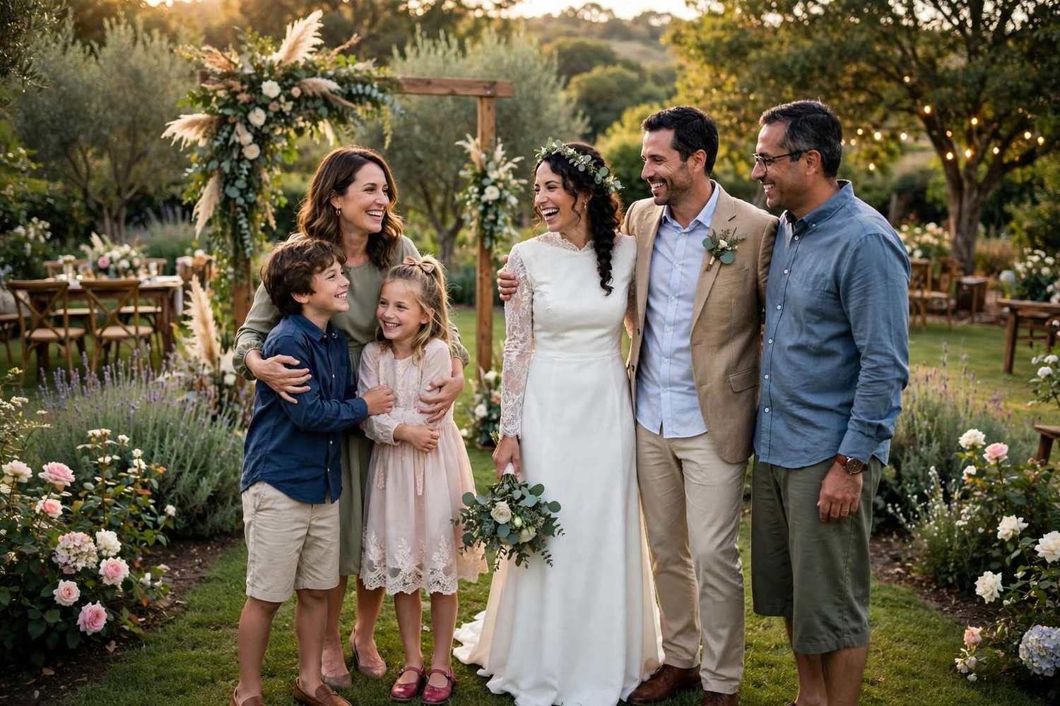 Blended family celebrating together at an outdoor wedding
