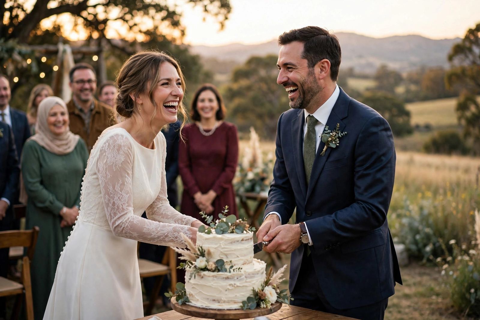 Couple laughing together cutting their wedding cake at a second wedding