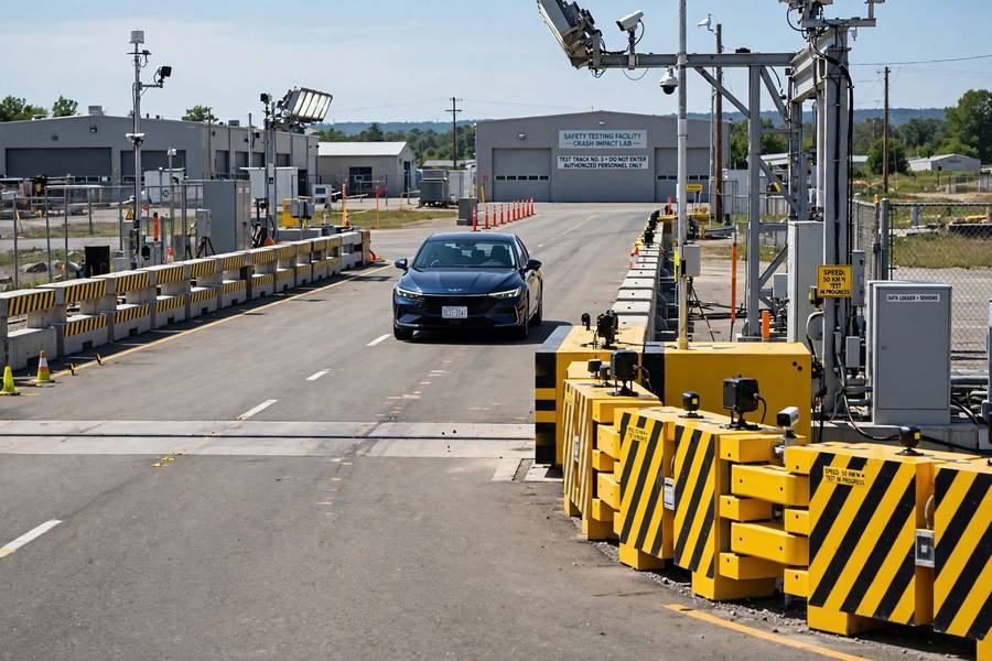 Car approaching crash test barriers illustrating self driving car deaths safety data
