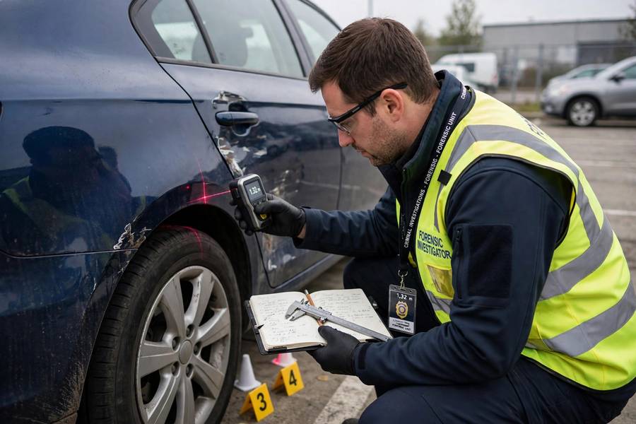 Investigator examining a vehicle in self driving car deaths analysis