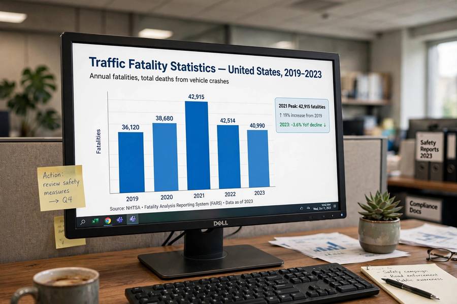 Fatality statistics chart on a monitor for self driving car deaths data