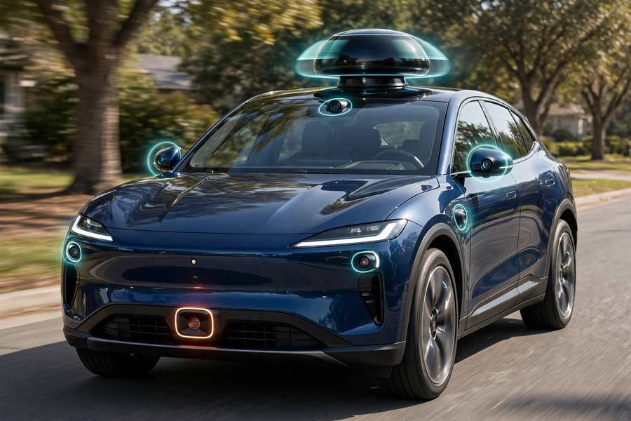 Self driving car sensors including lidar, cameras, and radar visible on the vehicle