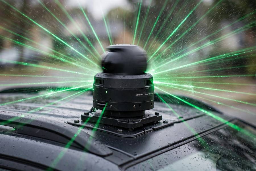 Lidar sensor on a self-driving car emitting laser pulses to map surroundings