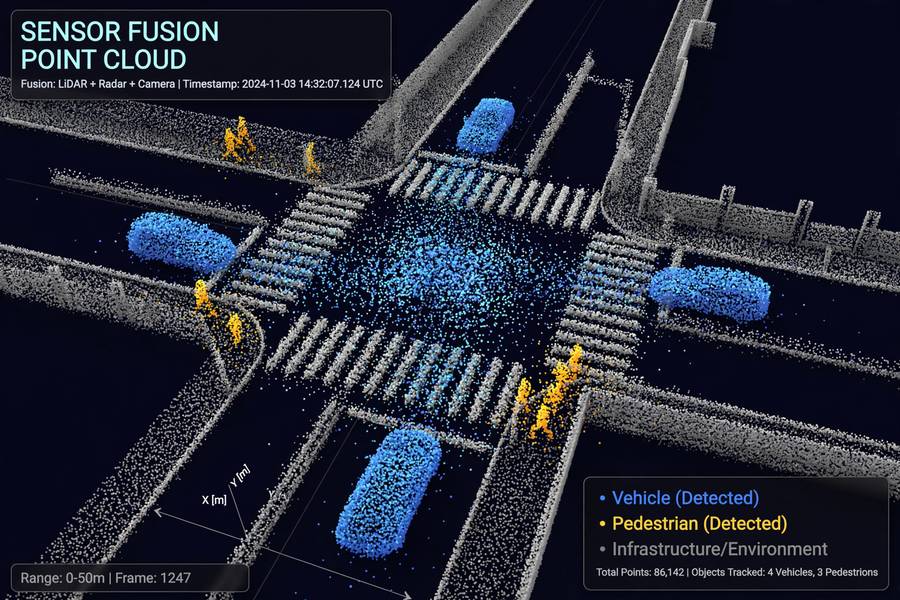 Sensor fusion point cloud visualization created by self driving car sensors