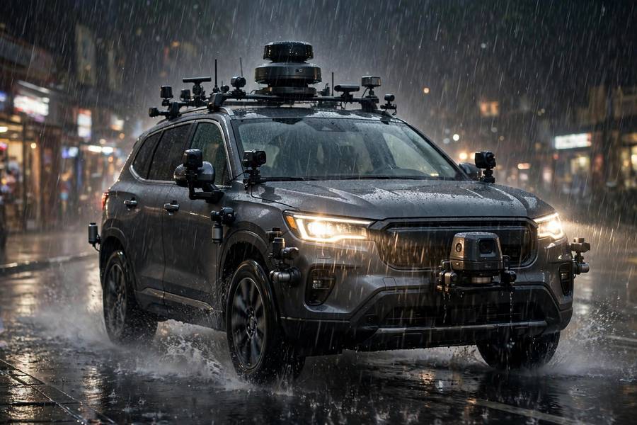 Self driving car sensors operating in challenging rain and night conditions
