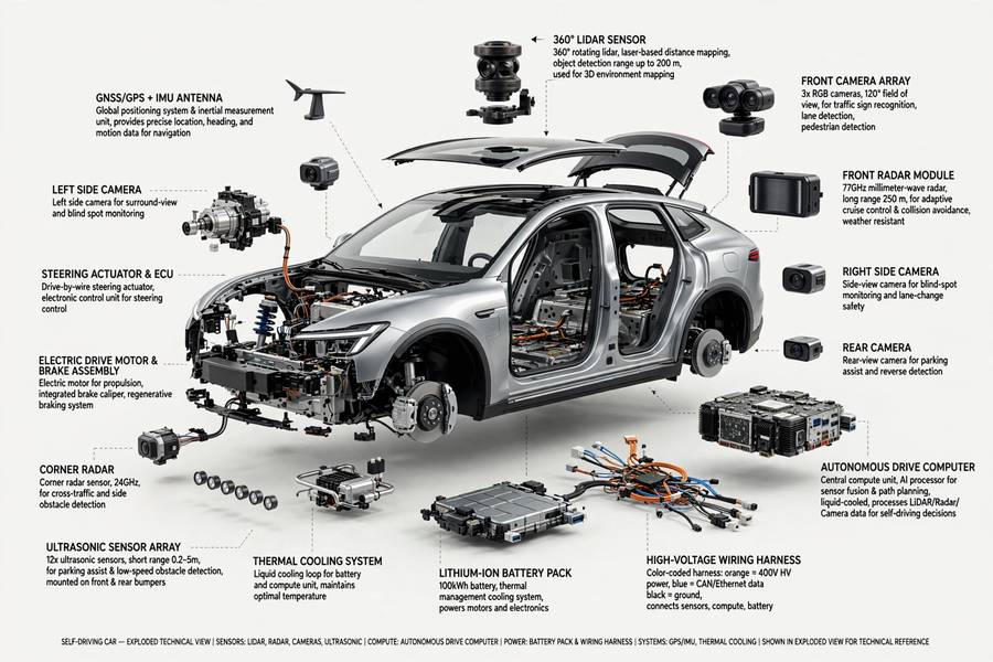 Exploded technical view of self driving car technology components