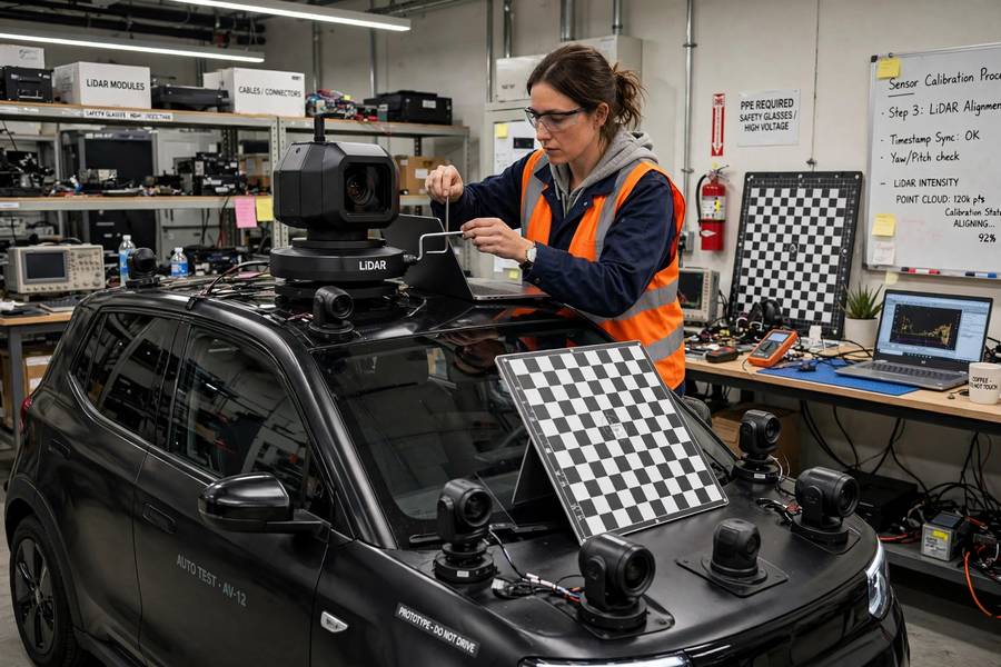 Engineer calibrating sensors on an autonomous vehicle with self driving car technology