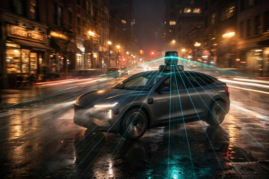 Self-driving car projecting sensor beams at night showing self driving car technology