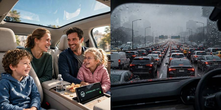 Conceptual split image weighing self driving cars pros and cons