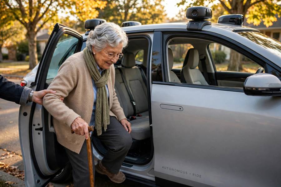 Elderly person entering an autonomous vehicle showing self driving cars pros and cons