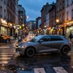 How Do Self-Driving Cars Use AI? Explained Simply Modern electric car driving on a city street at dusk — how do self-driving cars use AI