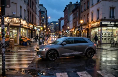 Modern electric car driving on a city street at dusk — how do self-driving cars use AI