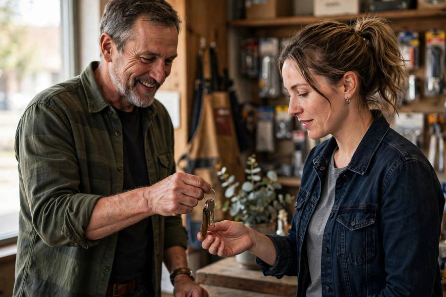 Business owner handing keys to employee successor