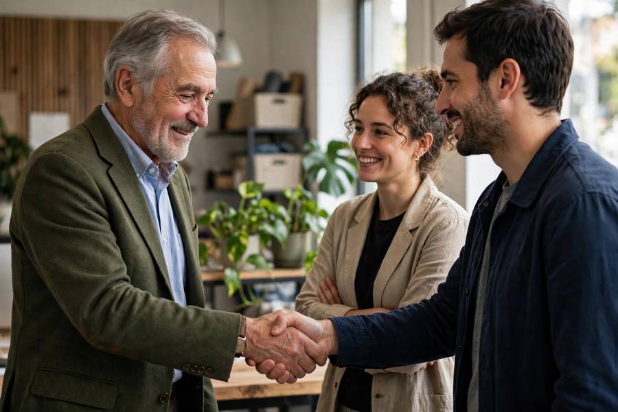 Retiring founder shaking hands with new employee owners