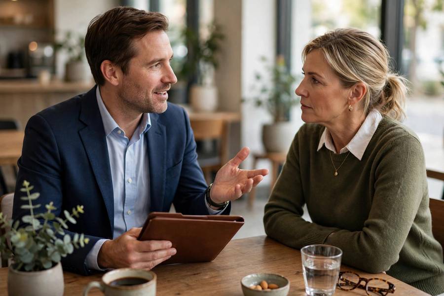 Business broker presenting offers to a seller