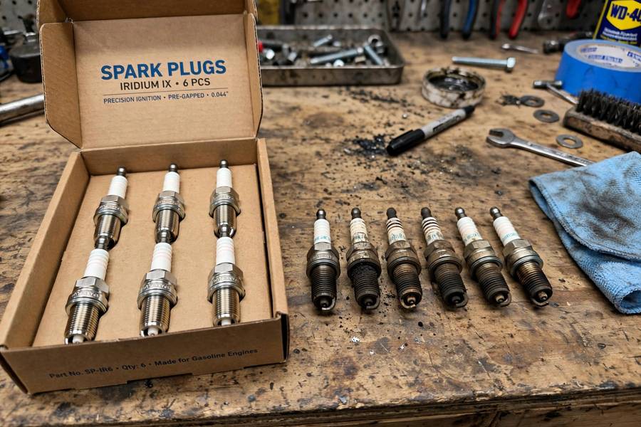 Full set of new spark plugs beside worn plugs — why you should replace all spark plugs at once