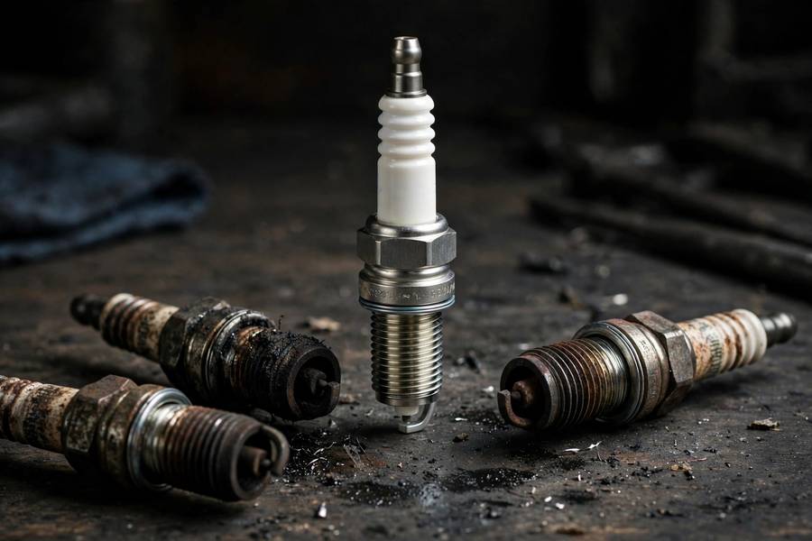 One new spark plug among old worn plugs showing uneven replacement