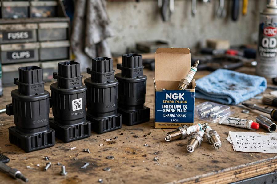 Ignition coils and spark plugs during a complete tune-up service