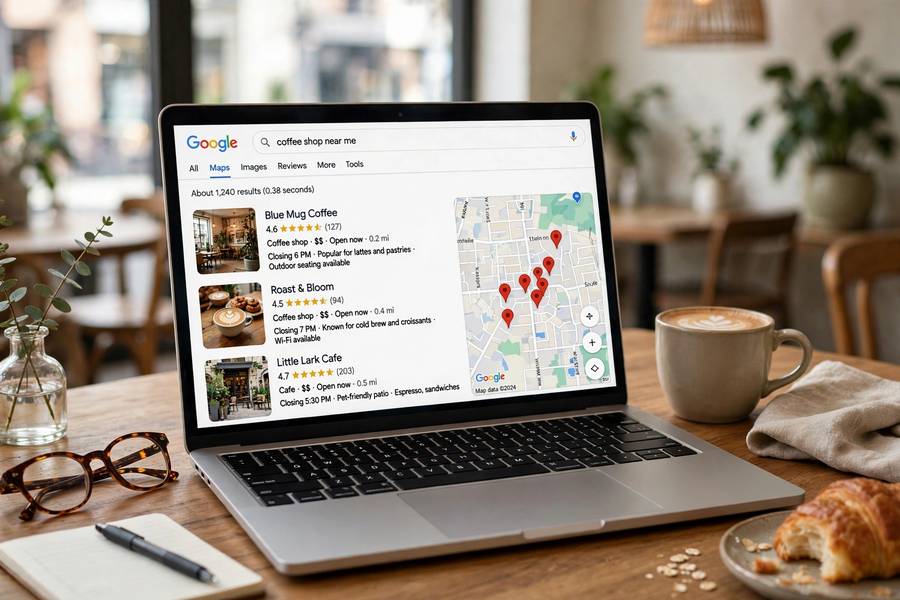 Local search results illustrating should your business name include keywords impact