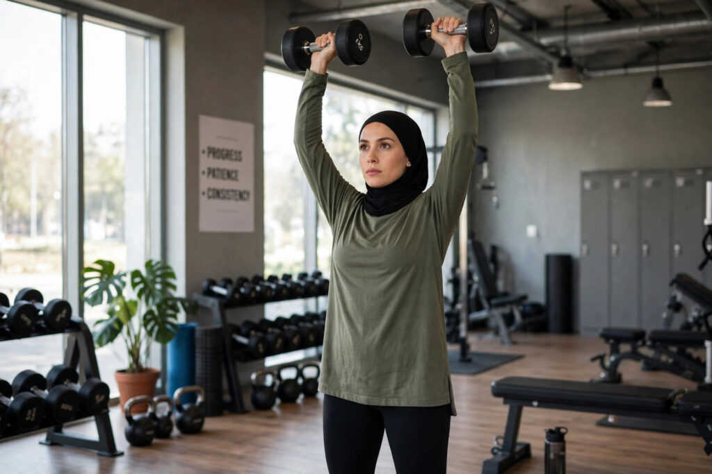 Woman performing dumbbell overhead press in a gym