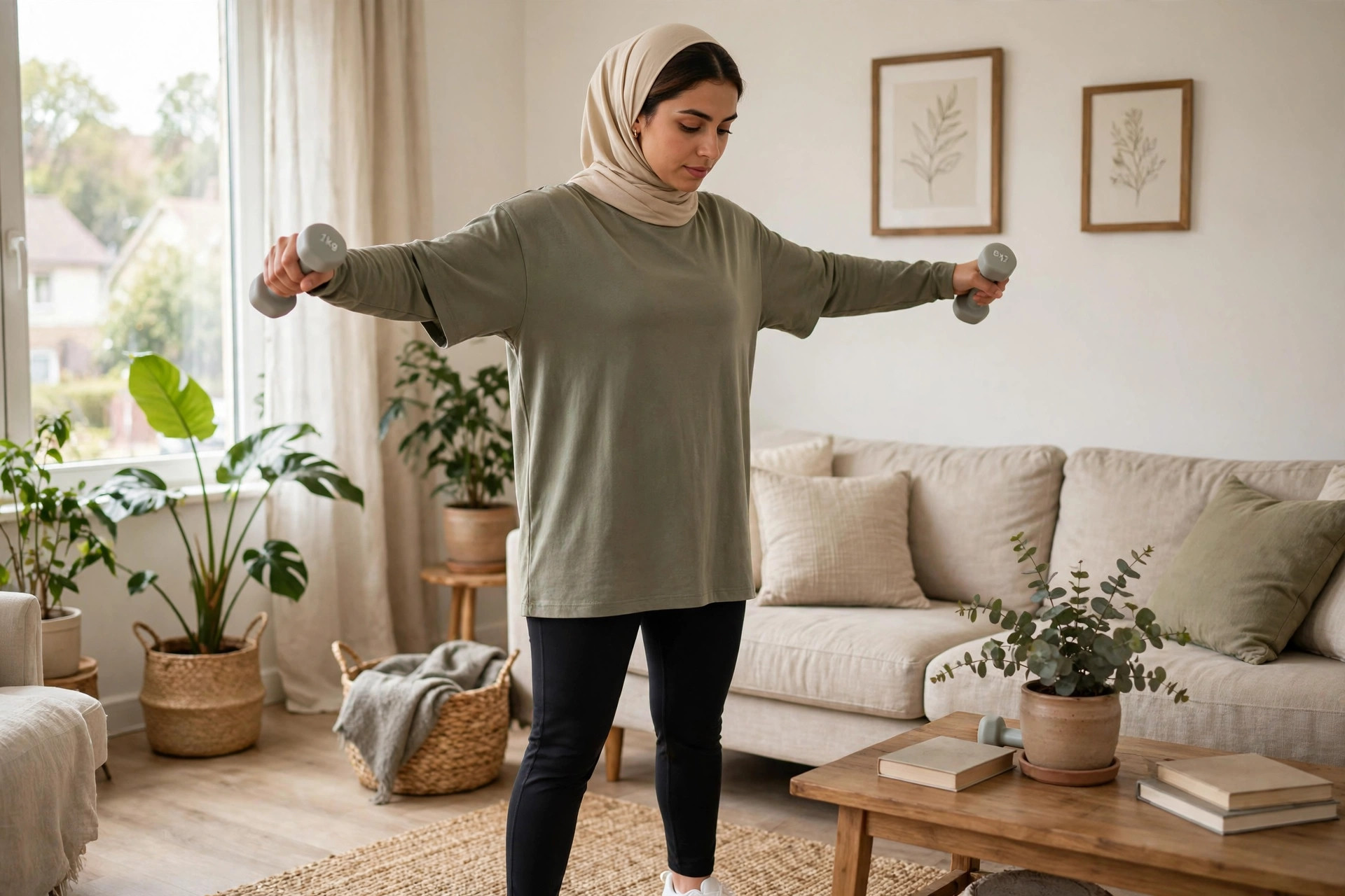 Woman doing lateral raises with light dumbbells at home