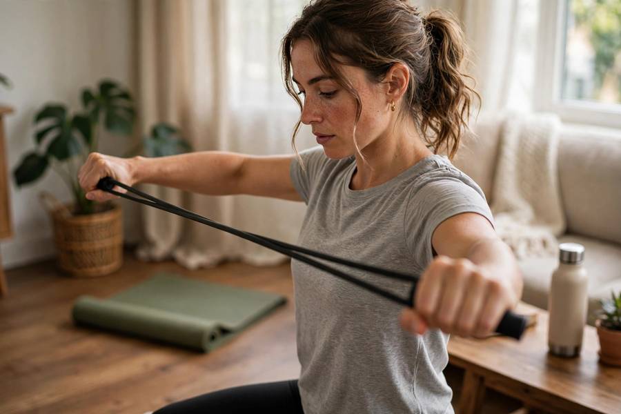 Woman performing resistance band pull-apart for posture