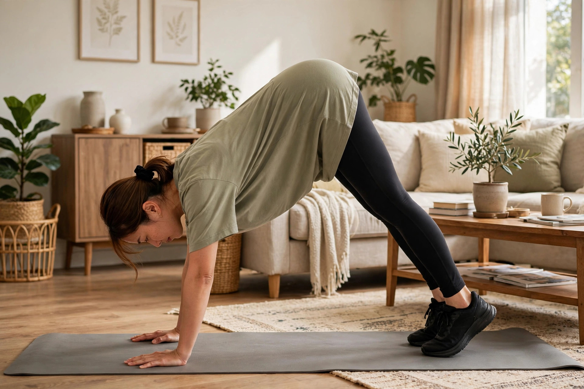 Woman doing pike push-up in a living room