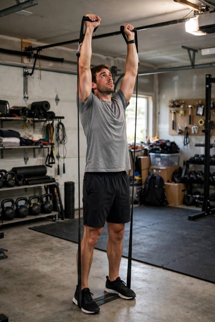 Man performing resistance band overhead press while standing on the band