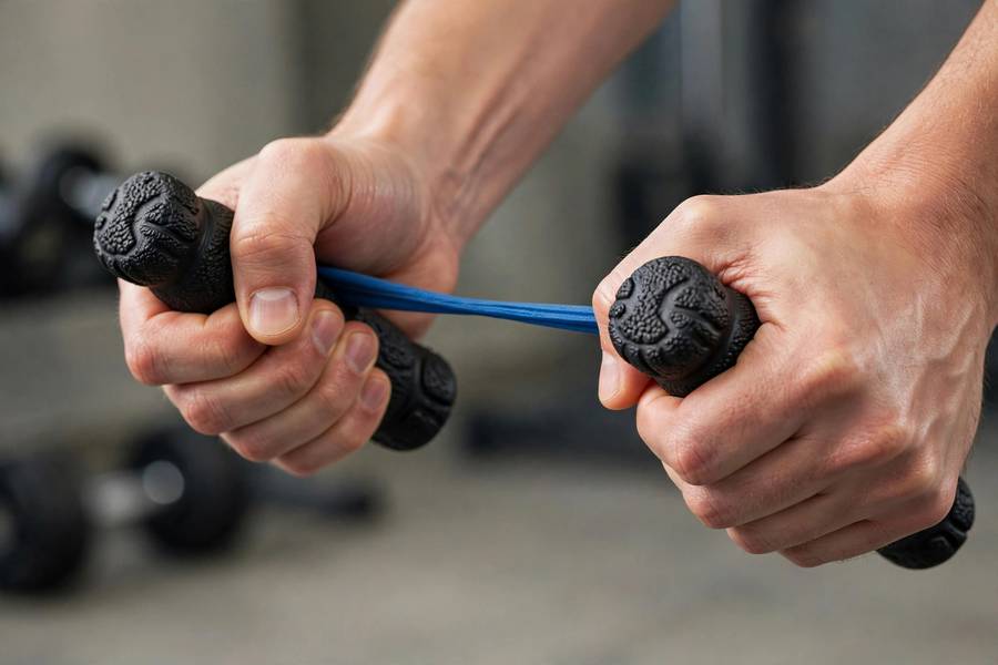 Close-up of hands gripping resistance band handles