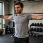 Shoulder Warm-Up Exercises: The 6-Move Routine I Give Every Client Man doing band pull-aparts as shoulder warm-up in gym