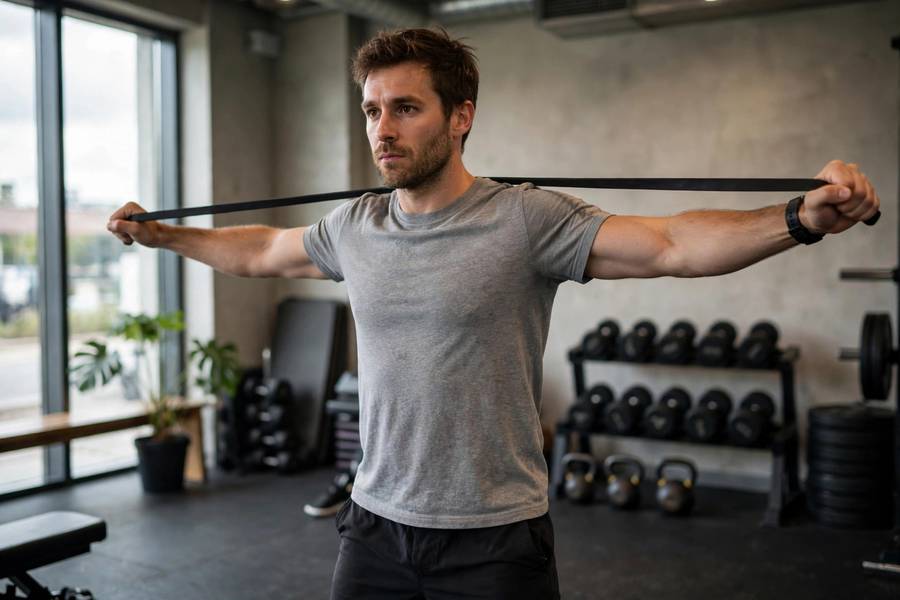 Man doing band pull-aparts as shoulder warm-up in gym