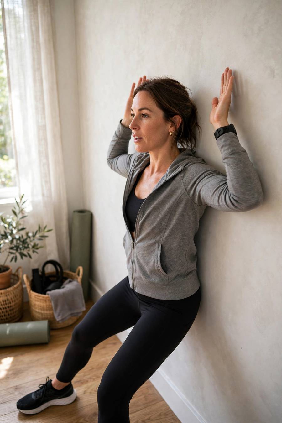 Trainer demonstrating wall slides for shoulder mobility