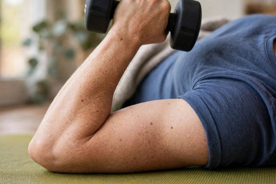 Close-up of dumbbell external rotation for rotator cuff