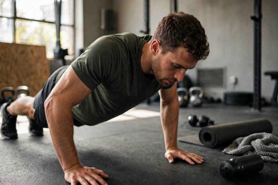 Athlete performing scapular push-ups on gym floor