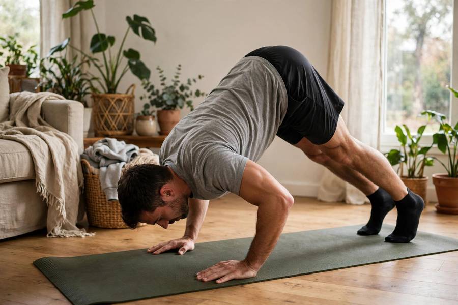 Man doing pike push-ups for shoulders at home
