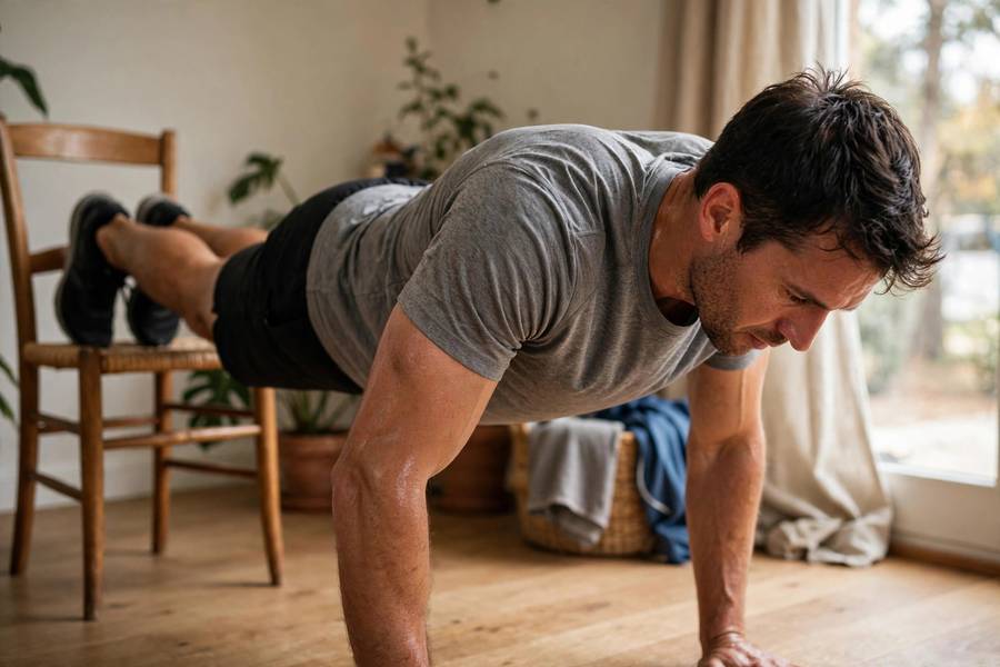 Athlete doing decline push-ups with feet on chair