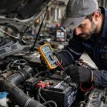 Signs Your Car Battery Is Dying (Don't Ignore These 9) Mechanic testing a car battery showing signs car battery is dying