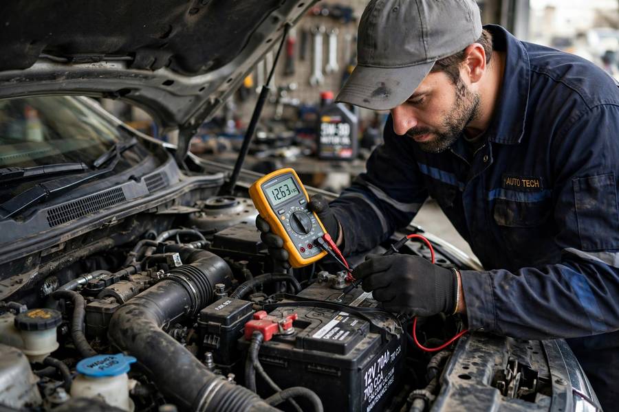 Mechanic testing a car battery showing signs car battery is dying