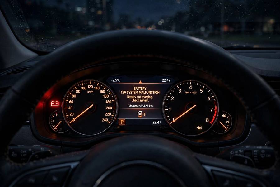 Battery warning light on dashboard signaling signs car battery is dying