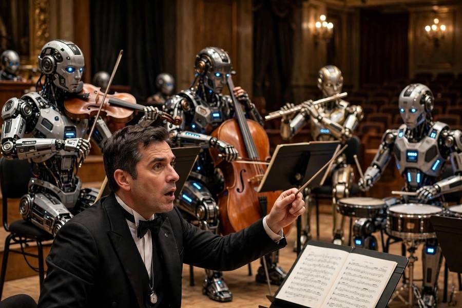 Conductor orchestrating multiple AI agents like an orchestra