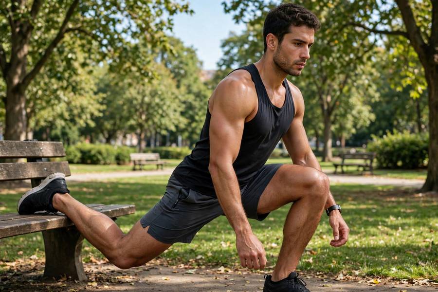 Runner performing Bulgarian split squat outdoors