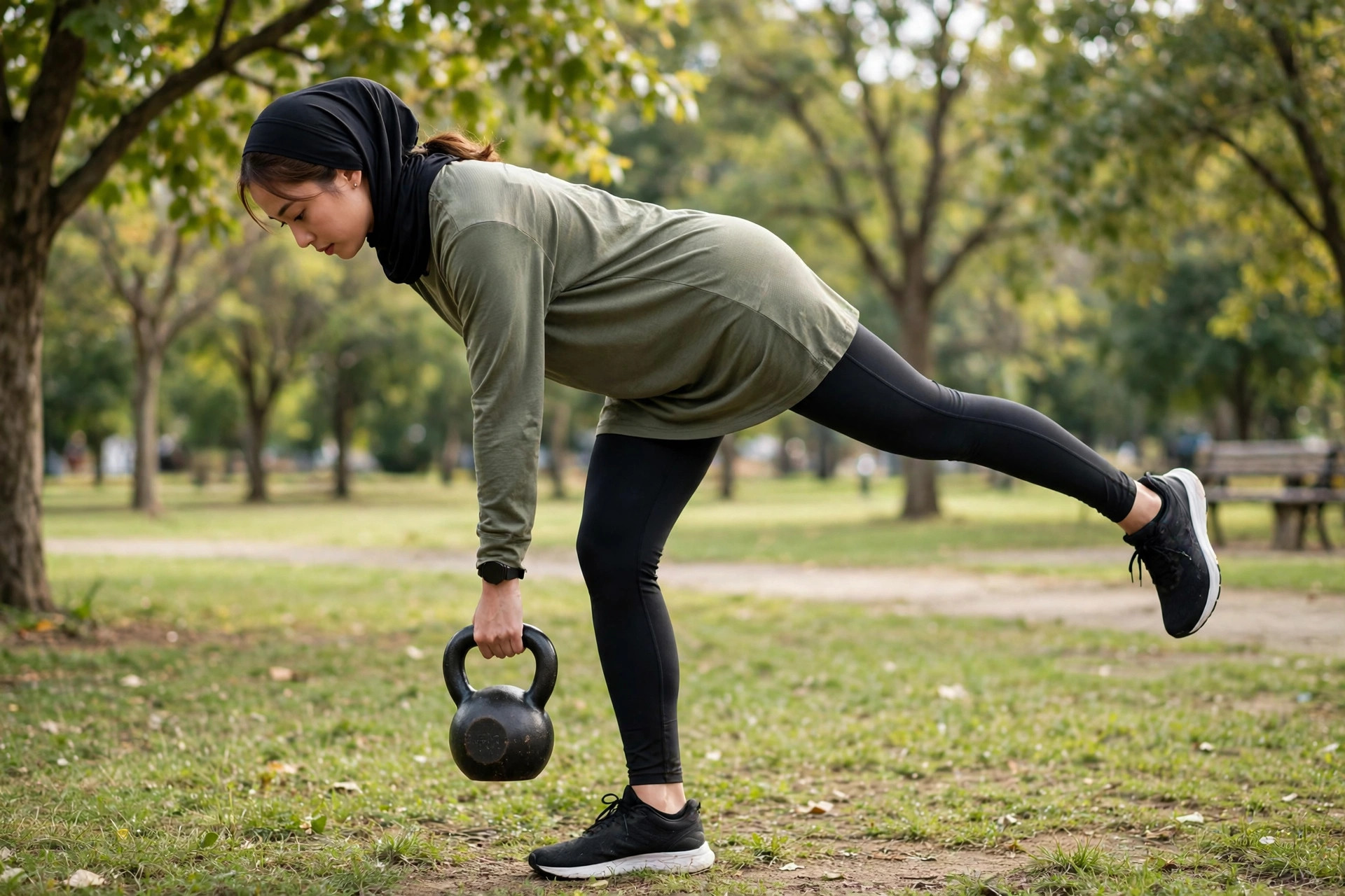 Athlete doing single-leg Romanian deadlift with kettlebell