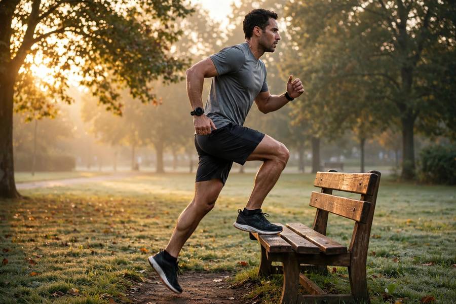 Runner doing step-ups on a park bench