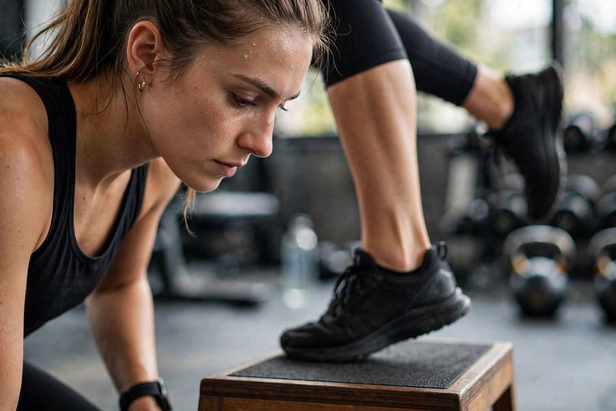 Close-up of single-leg calf raise balance exercise