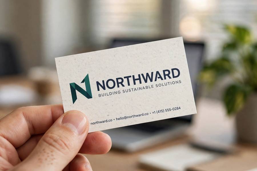 A business card showing a company logo and tagline