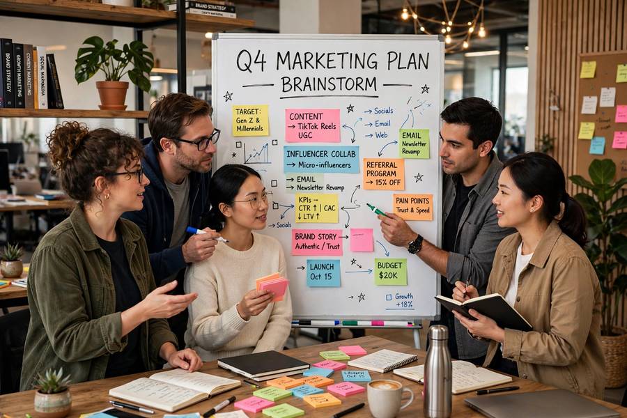 A marketing team brainstorming slogans on a whiteboard